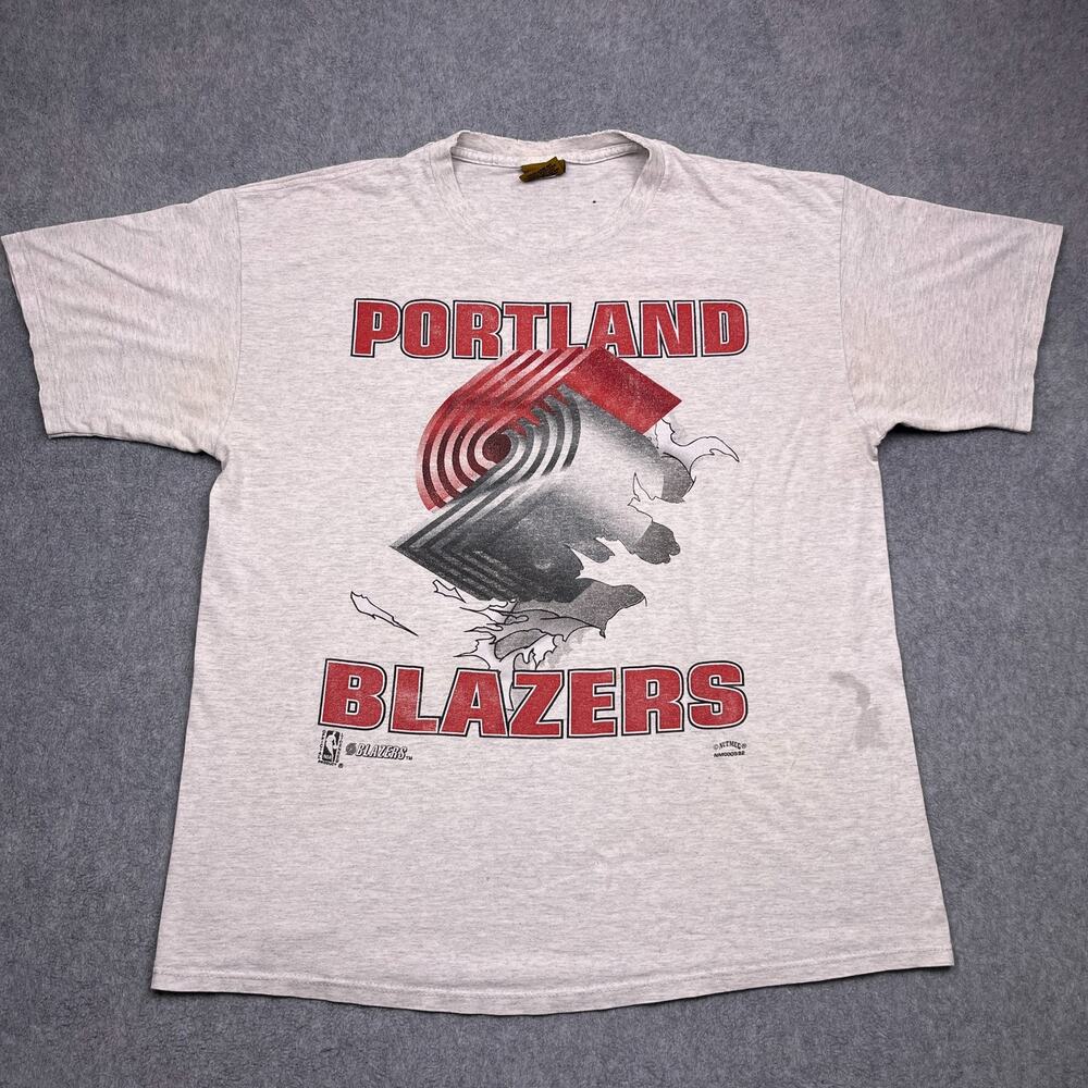vintage nutmeg portland trail blazers t-shirt mens xl gray double sided